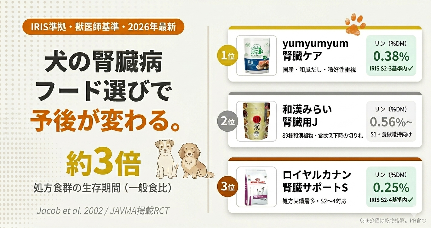 犬の腎臓病フードランキング2026 獣医師基準TOP3比較 — yumyumyum1位・和漢みらい2位・ロイヤルカナン3位