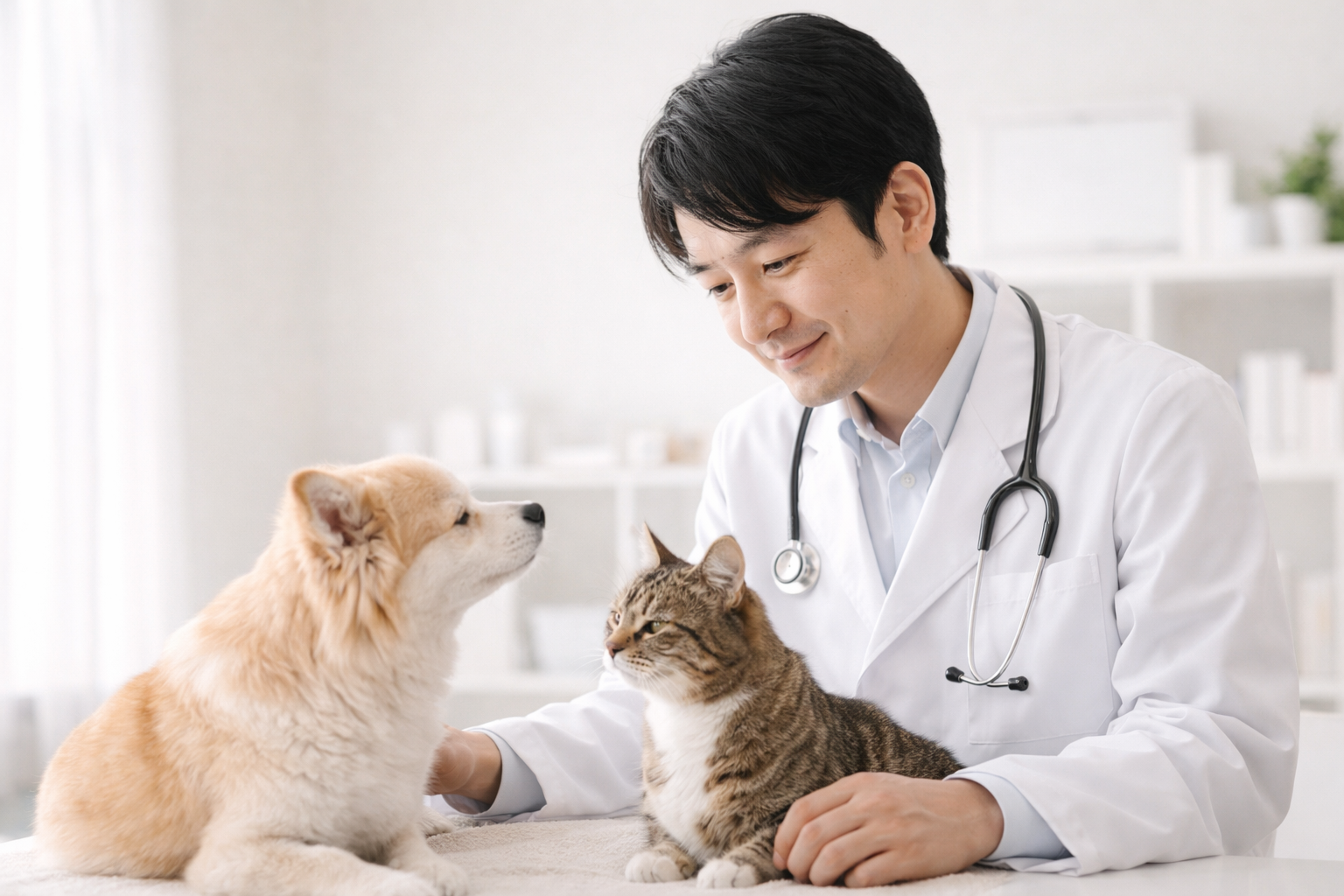 監修獣医師による犬と猫の診察シーン
